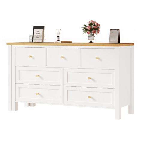 Schreibtisch mit 7-Schubladen Kommode -2-in-1 Drehwerkbank und Sideboard, Eichenoptik, 360° drehbare Tischplatte, weiß / natur, Schreibtisch, Frisiertisch, L-förmiger Eckschreibtisch (1/5)