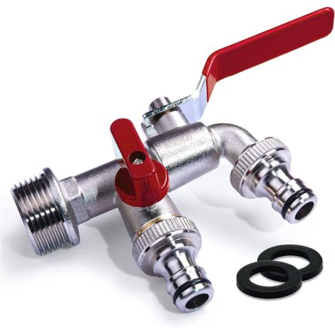 Premium Doppelwasserhahn 3/4 Zoll rot / Doppelwasserhahn Messing mit 2x 3/4 Zoll Abgang + E-Book / Outdoor-Wasserhahn mit Rost- und Frostschutzmittel für Garten, Haushalt & Industrie (1/5)
