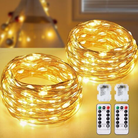Lichterkette [2er-Pack] 10 m 100 LEDs 8 Modi Timer Dimmbar mit Fernbedienung IP65 Wasserdicht Kupferdraht Lichterkette Batterie Warmweiß für Innen Außen Schlafzimmer Haus Garten Weihnachten [Energiekl (1/5)