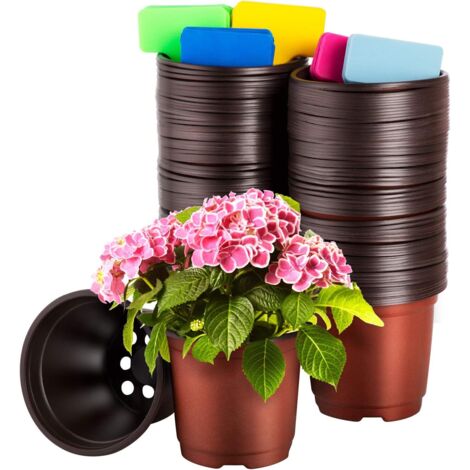 CNNIK Kunststoff-Sämlingstopf, 100 Stück 10 cm große Blumentöpfe zum Umpflanzen von Pflanzen, Pflanzgefäße, Kinderzimmertöpfe und 100 Stück Pflanzenanhänger für Gärtner im Innen- und Außenbereich (1/5)