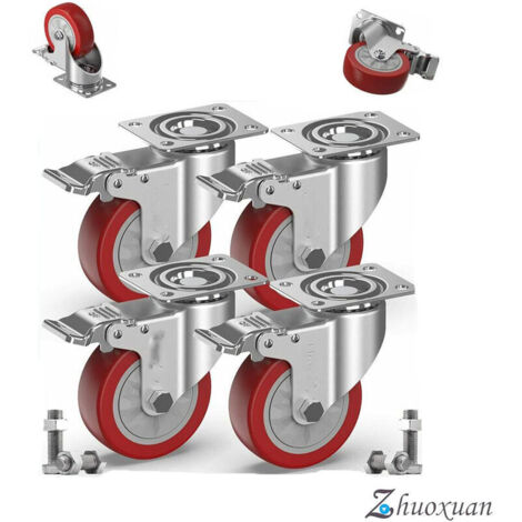4 Lenkrollen für Möbel mit Bremse + Schrauben – 100 mm bis 600 kg – spurlose Bodenrolle für schwere Last – Gummirad für Trolley – Silber (1/5)