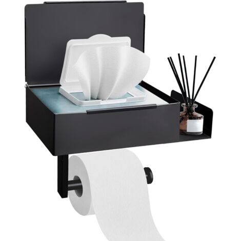 Toilettenpapierhalter mit Feuchttücherbox Klopapierhalter Ohne Bohren Klorollenhalter Edelstahl Leises Design WC Papier Halterung Rollenhalter Selbstklebend für Toilette Bad Küche (Schwarz) (1/5)