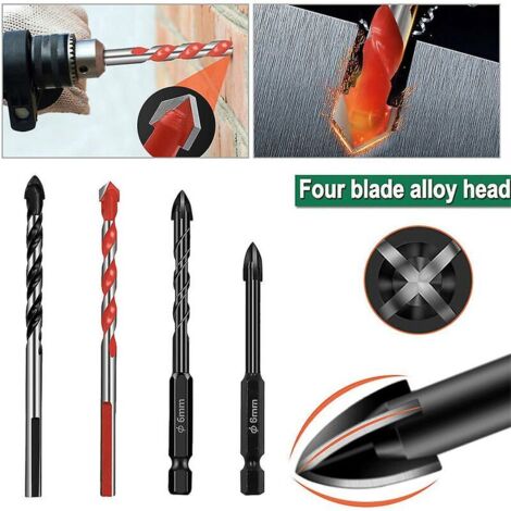 Für einen Bohrer, 4-teiliges 6-mm-Kreuz-Sechskant-Fliesenbohrer-Set für Glas, Keramik, Beton, Lochöffner, Ziegel, harte Legierung, dreieckiges Bit-Werkzeug-Set (1/4)