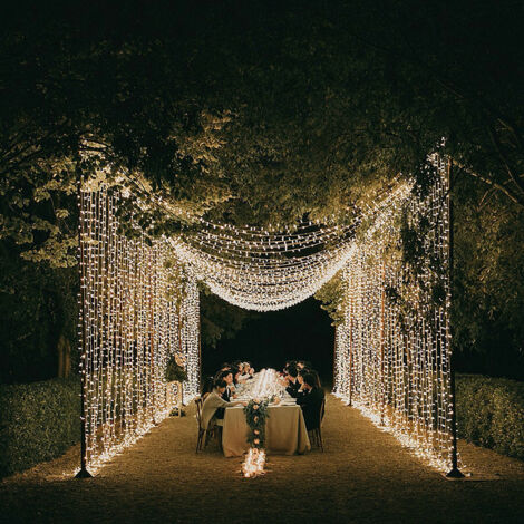 Lichtvorhang, 600 LEDs, 100 m, 8 Modi, wasserdicht, IP65, Lichtgirlande, Vorhang, Netzbetrieb, für Dekoration, Hochzeit, Schlafzimmer, Abendparty, drinnen und draußen – Warmweiß [Energieklasse E] (1/5)