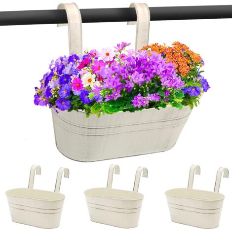 Metall-Blumentöpfe zum Aufhängen für Geländerzaun, verzinkter Stahl, hängende Eimertöpfe, Landhausstil, Fenster-Pflanzenhalter mit abnehmbaren Haken, Blumenhalter (Vintage Beige, 3) (1/5)