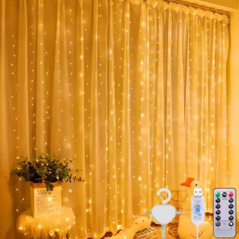 Lichtervorhang, 3 m x 3 m, USB-Lichtervorhang, 300 LEDs, 8 Beleuchtungsmodi, Fernbedienung, Timer, einstellbare Helligkeit, Fensterdekoration, Weihnachten, Hochzeit, Terrasse, wasserdicht IP44, warmwe (1/5)