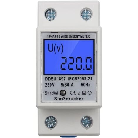 LCD Digitale Stromzähler Wechselstromzähler Hutschiene KWh Zähler 5(80) A 1-phasiger 2-poliger 2P-DIN-Schienen-Stromzähler (1/5)