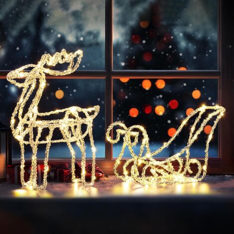 100 LED Rentier mit Schlitten, 35cm hohe Weihnachtsdeko Außen Innen Warmweiß Klein, Weihnachtsbeleuchtung Figuren Timer, Lichtschlauch Outdoor Strombetrieben Garten Hof Zimmer Tisch Fensterbank (1/5)