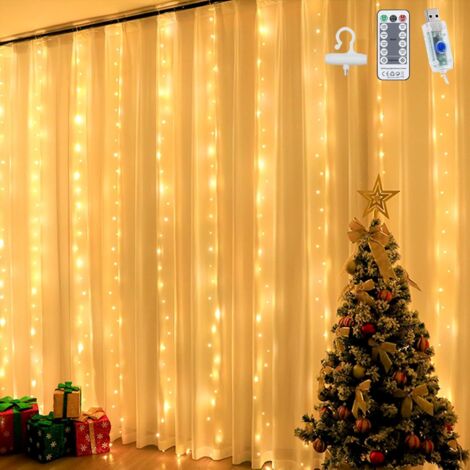 Vorhang-Lichterkette, 3 x 3 m, USB-Lichterkette, 300 LEDs, 8 warmweiße Beleuchtungsmodi, Fensterdekoration, Weihnachten, Hochzeit, Geburtstag, Zuhause, Terrasse, wasserdicht IP65 mit Haken (1/5)