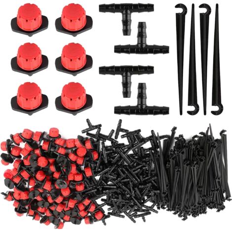 300-teiliges Gartenbewässerungssystem-Set, automatischer Bewässerungs-Tropfsprinkler, DIY-Tropfbewässerungssystem (100 einstellbare Mikro-Tropftropfer + 100T-Anschluss + 100 Gartenschlauch-Bodenanker) (1/5)