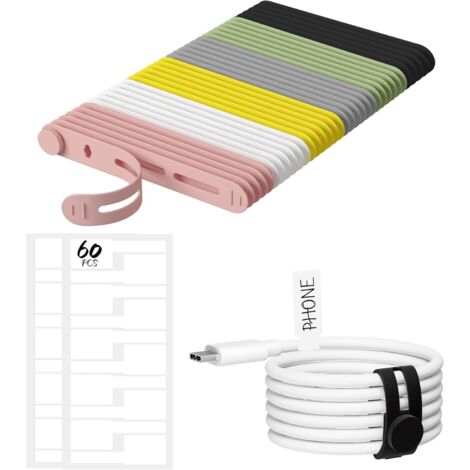 Nearockle 30 Stück Silikon kabelbinder wiederverschließbar und 60 Stück Kabeletiketten, wiederverwendbar Kabelmanagement Kabel Organizer, ladekabel, Kopfhörerkabel, Büro, Schreibtisch (Mehrfarbig) (1/5)