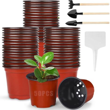 50 Stück Anzuchttöpfe, 15 cm kleiner Kunststoff-Blumentopf, wiederverwendbarer Setzlingstopf, Setzlingseimer, Kunststoffpflanzen mit 10 Pflanzenanhängern und 3 Gartengeräten (1/5)
