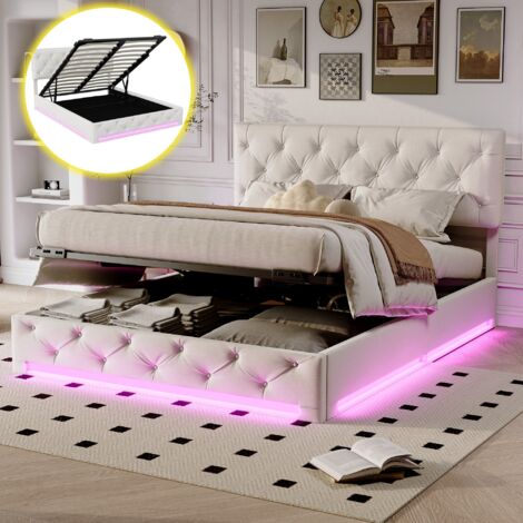 Hydraulisches Bett 140x200 cm – ausgestattet mit LED-Beleuchtung – übergroßes Aufbewahrungsfach – Leinen – Beige (1/5)