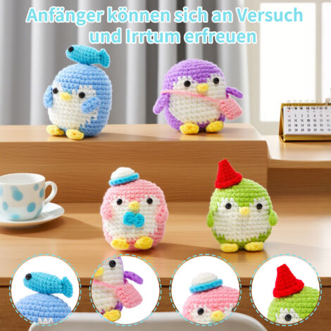 Niedliches Mini-Häkelset – 5 Handgefertigte Tiere (Pinguin, Hase, Ente, Dino, Hai) Mit Positiven Karten – Emotionaler Begleiter