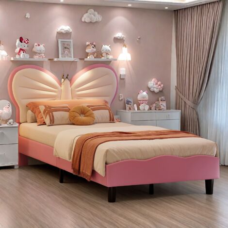 Gepolstertes Kinderbett 90 x 200 cm, Einzelbett mit LED-Beleuchtung, Schmetterlings-Kopfteil mit Leselampe, verstellbares Kopfteil, Rosa
