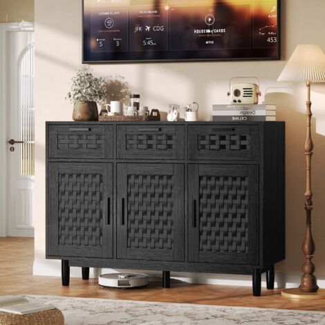Aufbewahrungsschrank mit Rattan, Sideboard mit Drei Türen und drei Schubladen, Schwarz, für Esszimmer, Wohnzimmer, Eingangsbereich und Flur, 115×40×80cm (1/5)