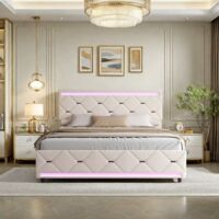 Doppelbett 160×200 cm, ausgestattet mit LED-Licht und USB-Ladeanschluss, Gepolstertes Bett, mit 4 Schubladen, Lattenrost, Metallrahmen, Samt, cremeweiß