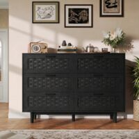 Kommode mit Holzeffekt und Rattan, 40×115×80 cm, mit 6 Schublanden, Massivholzrahmen, Schwarz, für Wohnzimmer Flur