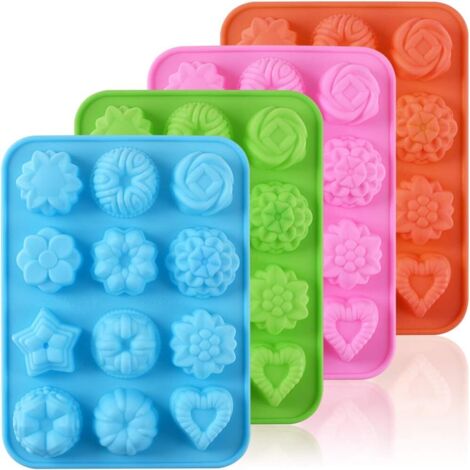 Stück Blumen-Silikonformen, 12 Mulden, Süßigkeitenformen für Partys, Festivals, DIY-Bastelarbeiten – Grün + Blau + Pink + Orange (1/5)