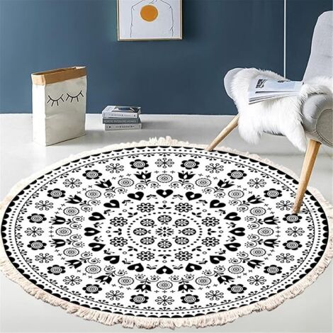Runder Teppich, Mandala Boho Runde Teppich mit Quasten Handwebteppich Baumwolle Waschbar Boho-Stil Teppiche (90 x 90cm) (1/5)
