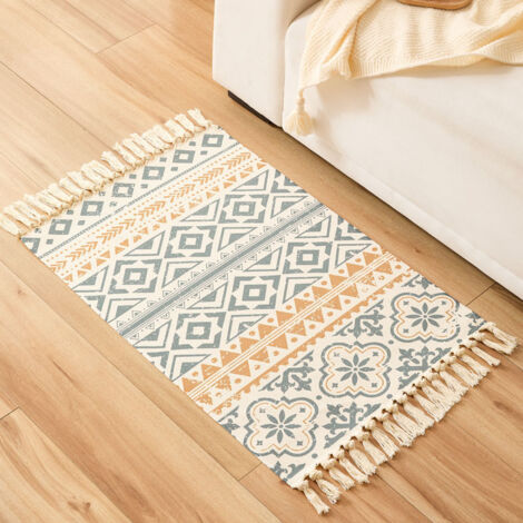 Teppich klein 60 x 90 cm, Quadratisch Baumwollteppich Waschbar mit Quasten, Teppich Boho Style Schmal für Wohnzimmer Schlafzimmer Eingangstür, Baumwollteppich Waschbar aus Baumwolle (1/5)