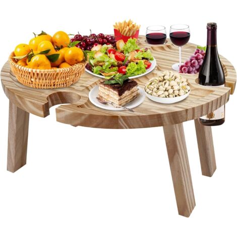 Klappbarer Picknicktisch aus Holz: Tragbarer Picknicktisch mit Rotweinglashalter, runder Gartentisch aus Holz, Champagner-Picknicktisch, für Picknick