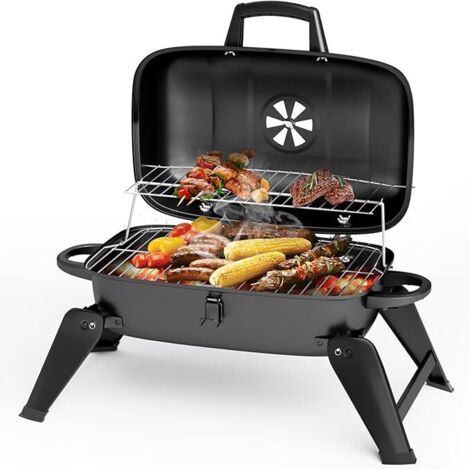 Tragbarer Holzkohlegrill mit Deckel, Kompakter Mini Camping Grill für Outdoor, Smoker BBQ Grill Klappgrill mit 2 Ebenen Kochbereich für Party, Garten & Hinterhof, Schwarz