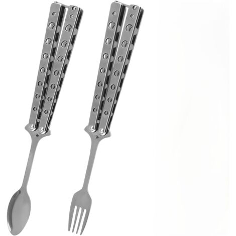 2 Stück Schmetterling Gabel und Löffel Set, Multifunktions Faltbarer Löffel mit Aufbewahrungstasche für Küche BBQ Camping Reisen Outdoor