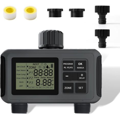Bewässerungscomputer 2 Ausgänge, Smarte Bewässerungsautomat 3/4 Zoll Anschluss, Bis zu 6 Bewässerungsprogramme pro Tag, Programmierbar Wasser Zeitschaltuhr für Garten, Gewächshaus, Rasen