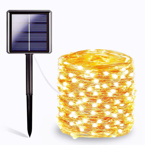 Solarlichterkette, 10 Meter 100 LED Kupferdraht Lichterkette, 8 Modi, Timer, IP65 Schutz, für Weihnachtsbaum, Garten, Schlafzimmer, Balkon, Innen-/Außendekoration, Warmweiß (1/2)