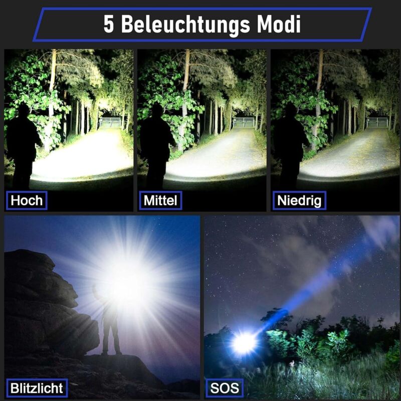 Esgofo 500000 Lumen Torcia LED Potente Professionale, Torcia LED Ricaricabile USB Super Luminosa Extreme, Zoomabile Torcia Tattica, 5 Modalità Per Campeggio Trekking Emergenza