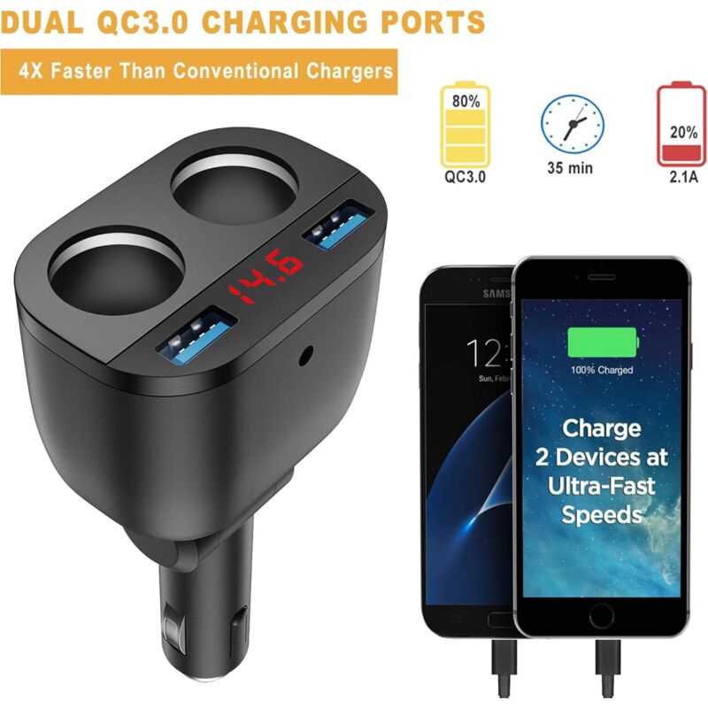 Accendisigari USB Auto 120W - 3 Prese 12V/24V + 2 Porte USB 3A - Ricarica Rapida Per Smartphone, Tablet, GPS