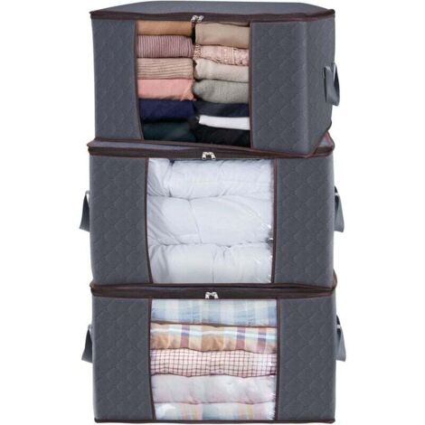 Set di 3 Borse portaoggetti per Abiti 90L, Grande Scatola Portaoggetti Cassette Portaoggetti Pieghevole Copripiumino Mobile per Coperte Giocattoli Vestiti, Grigio, 64x43x35 cm (1/5)