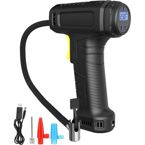 Compressore d'aria per gonfiaggio pneumatici senza fili, Gonfiatore portatile per pneumatici con manometro digitale, Pompa per pneumatici senza fili a batteria ricaricabile con luce LED 3 ugelli per a