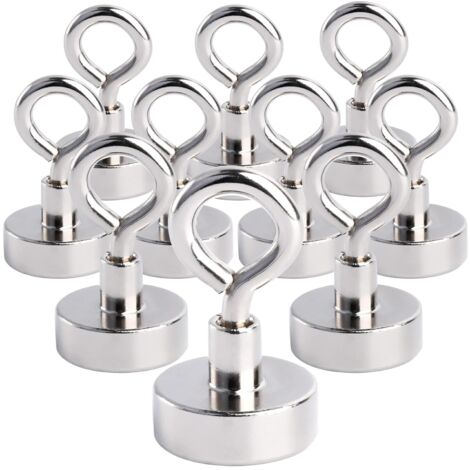 10 ganci magnetici al neodimio extra forti da 16 mm - Forza di trazione 7 kg - Magnete ad occhiello con gancio - Supporto magnetico rotondo per campeggio, garage, cucina, ufficio