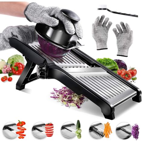 Affettatrice con lama regolabile in acciaio inossidabile, tagliaverdure, frutta e formaggio, tagliacipolle con lama per alimenti da cucina con supporto per alimenti e guanti antitaglio (1/5)