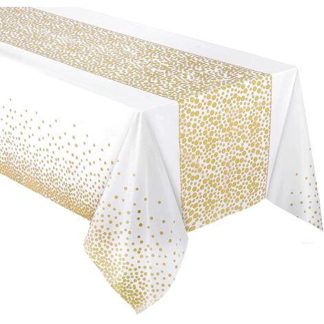 Confezione da 4 tovaglie impermeabili per feste da 137x274 cm, tovaglia bianca riutilizzabile, tovaglia a pois dorati, copritavolo, tovaglia rettangolare in plastica per matrimoni, compleanni, Natale (1/5)