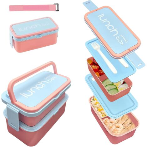 contenitori per il pranzo da 1400 ml, contenitore per il pranzo integrato a 2 strati, contenitore per il pranzo Bento a prova di perdite con posate per lavoro, scuola, picnic. Rosa (1/5)