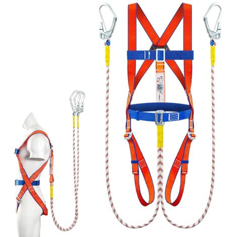Kit anticaduta con imbracatura, protezione a 5 punti di sicurezza, con 2 punti di collegamento + cinghia di sicurezza da 2 m + doppio gancio grande, per lavori aerei, arrampicata, soccorso