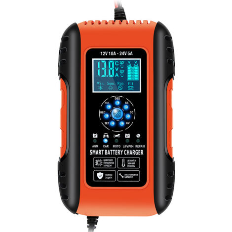 Mantenitore di carica per batteria per auto 12V10A/24V5A, caricabatteria per batteria al litio e funzione di riparazione automatica portatile con display LCD, per auto, moto, camion, AGM, gel, bagnato
