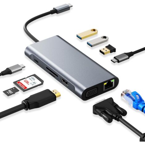 Wowssyo 11-in-1 Docking Station Hub USB C, Adattatore USB C HDMI 4K, VGA, 3xUSB 3.0, USB C, Lettore di Schede SD/TF, Gigabit Ethernet, PD 100W, Audio da 3,5 mm per MacBook Pro/Air e Laptop Windows XPS (1/4)