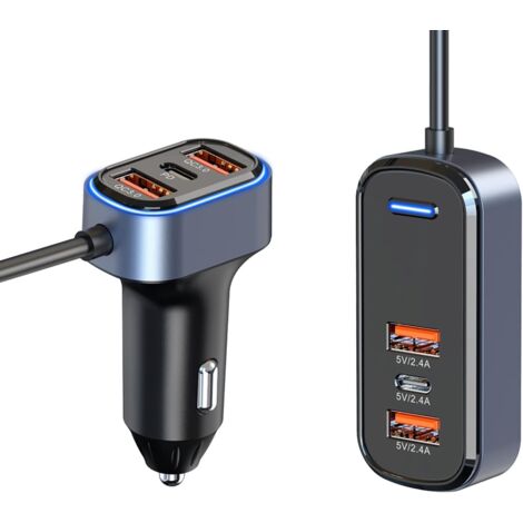 Caricabatterie per auto USB C a 6 porte, adattatore per accendisigari per auto HIDOU da 65,5 W, ricarica rapida con cavo da 1,5 m per la ricarica del sedile anteriore, caricabatterie PD3.0 e QC3.0 di