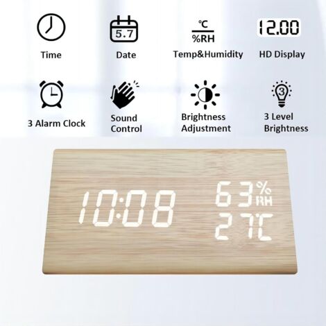 TEMPTECO – Sveglia Digitale da Comodino in Legno, Display LED Regolabile, Ricarica Wireless, Orologio Elettrico Smart con 3 Livelli di Luminosità e Batterie AA Incluse