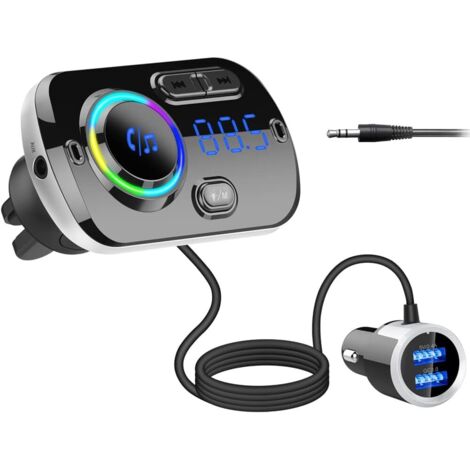 Transmisor FM Bluetooth para Radio de Coche, Adaptador Bluetooth 5.0 para Receptor de Radio de Coche con Cargador de Mechero de 7 Colores, QC3.0/2.4A, Asistente de Google Siri, Kit Manos Libres Reprod (1/5)
