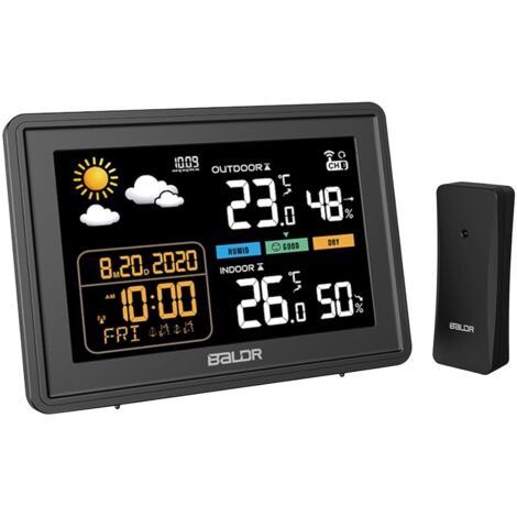 Estación Meteorológica Inalámbrica, Barómetro Interior Exterior Termómetro Higrómetro con Sensor LED RCC/DCF Pantalla Retroiluminada Reloj Digital Alarma Negro (1/5)