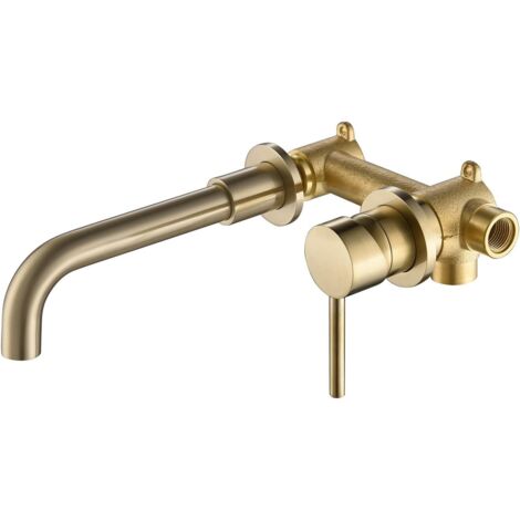 Grifo de lavabo de pared dorado, grifo mezclador de pared de latón de alta calidad, grifo de baño oculto, grifo de agua fría y caliente con rotación de 360 °, dorado