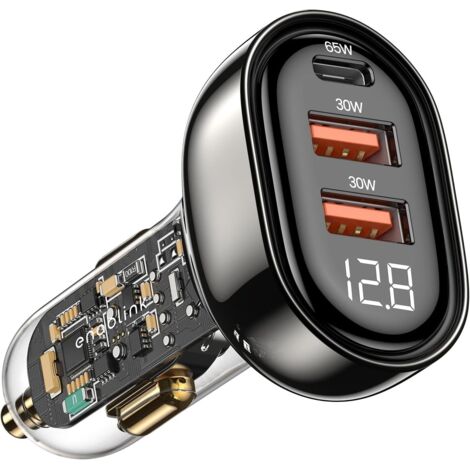 Cargador USB para coche, minicargador USB C de 25 W, carga rápida, 3 puertos PD 3.0 y QC 3.0, cargador USB de metal transparente para coche para iPhone 13 Pro 12 XR, Samsung Galaxy S20 (negro) (1/5)