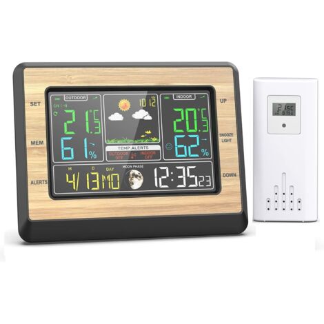 Estación meteorológica inalámbrica con sensor exterior, termómetro higrómetro barómetro para interiores y exteriores, pantalla LCD con alarma, fecha, pronóstico del tiempo, reloj despertador con fase (1/5)