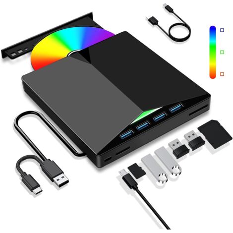 Lector CD Externo para PC, Superdelgado Grabadora DVD Externa Unidades USB 3.0 y USB-C Portátil -RW/ROM Estable para Laptop, Desktop, Windows XP/7/8/10/11/Vista/Linux/MacOS (1/5)