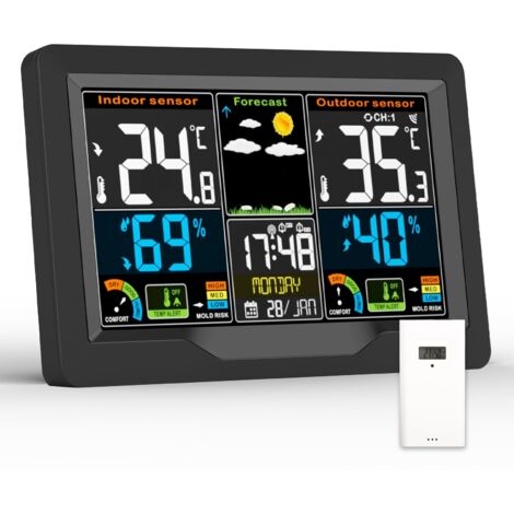 Estación meteorológica inalámbrica para interiores y exteriores con sensor exterior Estación meteorológica LCD digital en color Termómetro Higrómetro DCF Pronóstico de temperatura meteorológica Radio